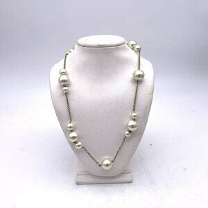 J. Crew Faux Pearl Beaded Linked Chain Necklace Gold Tone Signed Spring Ring 34"